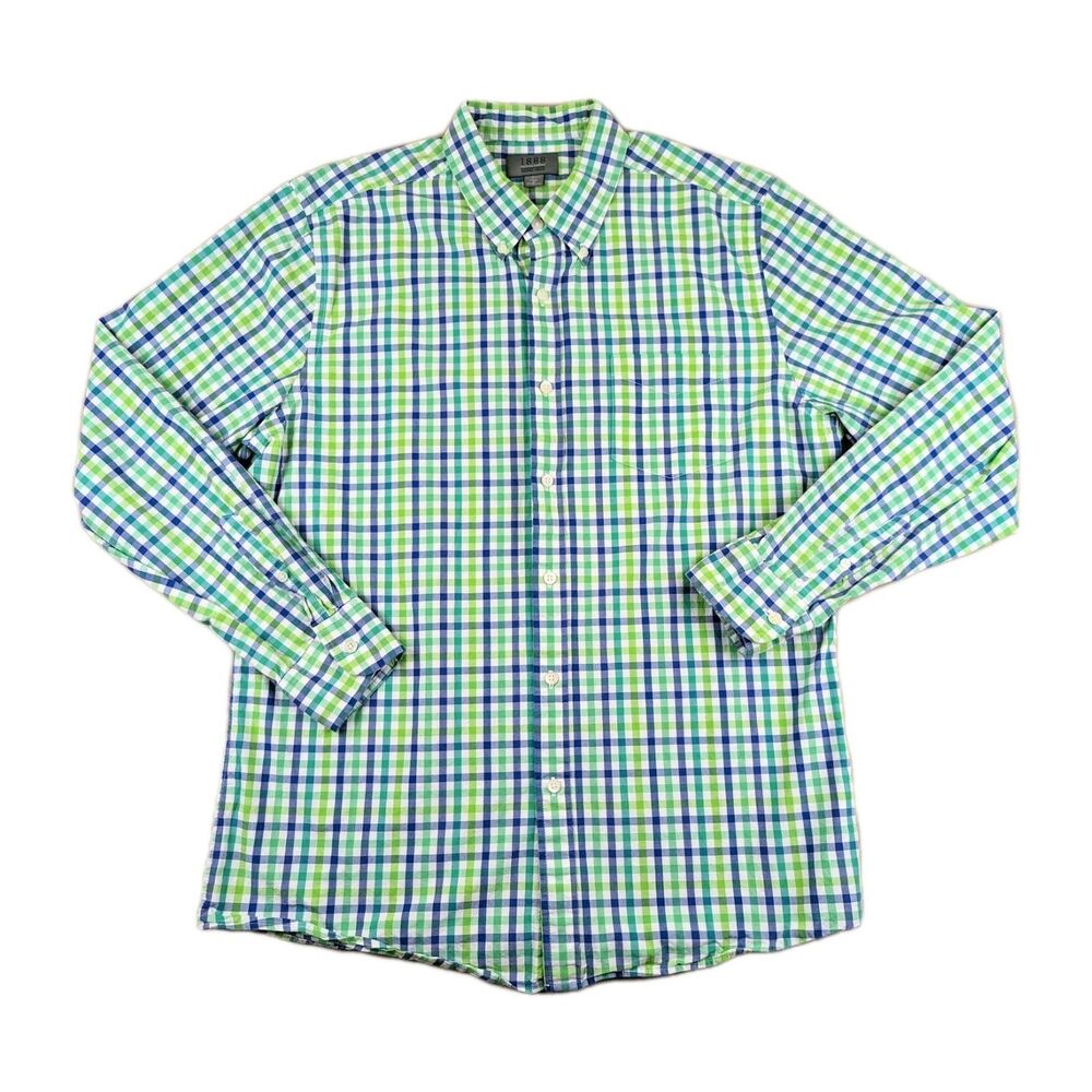 Saddlebred 1888 Washed Poplin Shirt Long Sleeve Plaid Blue Green White Mens L